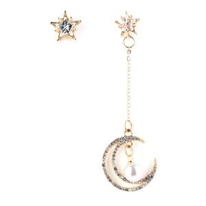 Solar Eclipse asymmetrical Gold Star and Moon Earrings